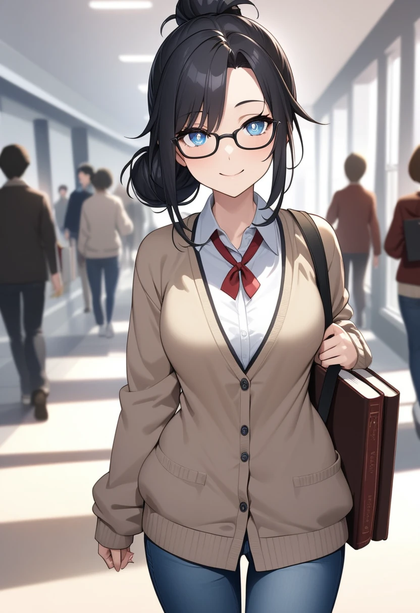 Adult female, highly detailed, glasses, short and messy black hair tied back, blue eyes, smile, crowded college hallway, cardigan, jeans, perfect eyes with black pupils, high quality, best quality, walking, holding books, well defined eyes