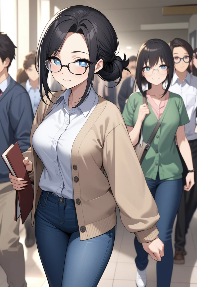 Adult female, highly detailed, glasses, short and messy black hair tied back, blue eyes, smile, crowded college hallway, cardigan, jeans, perfect eyes with black pupils, high quality, best quality, walking, holding books, well defined eyes