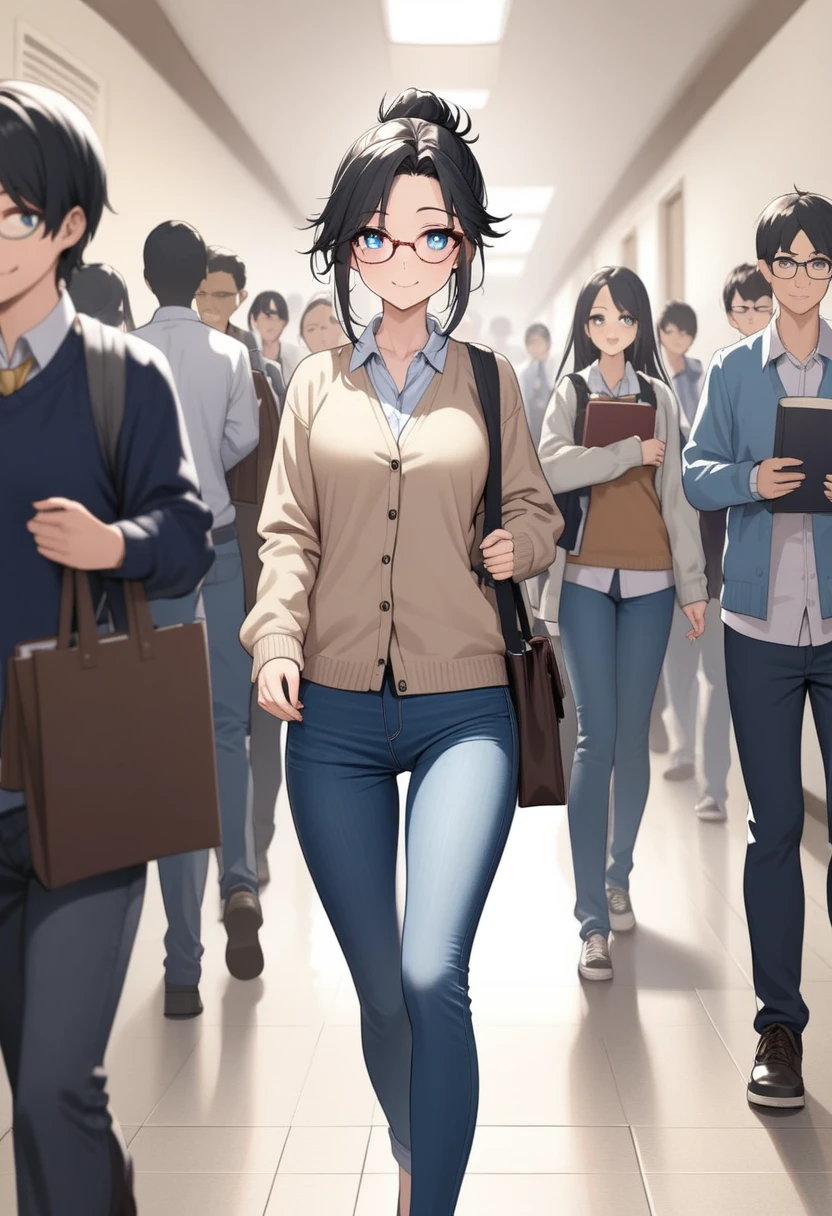 Adult female, highly detailed, glasses, short and messy black hair tied back, blue eyes, smile, crowded college hallway, cardigan, jeans, perfect eyes with black pupils, high quality, best quality, walking, holding books, well defined eyes