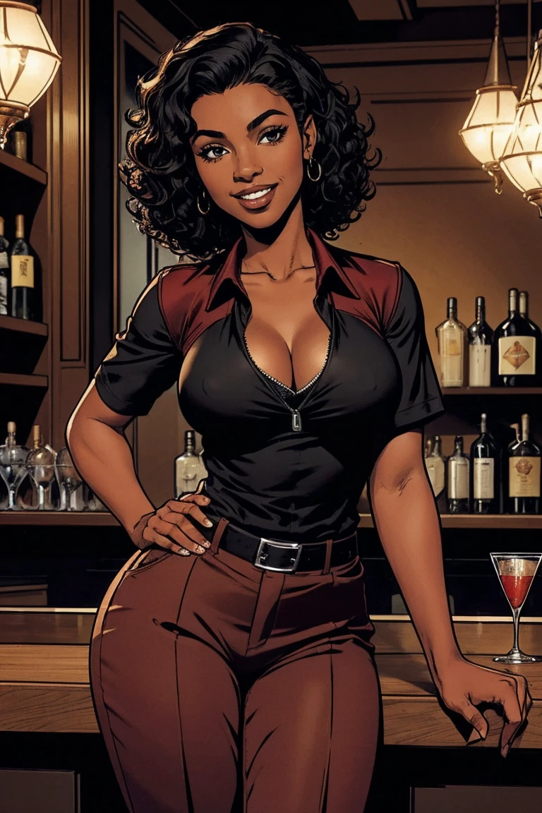Cardinal, a gorgeous bartender woman with (dark skin, short curly black hair) wearing a black polo, tight slacks. Athletic, huge breasts, wide hips. Short curly black hair, mixing a drink. Smiling. Confident. At a high-end bar, luxury hotel. cleavage.