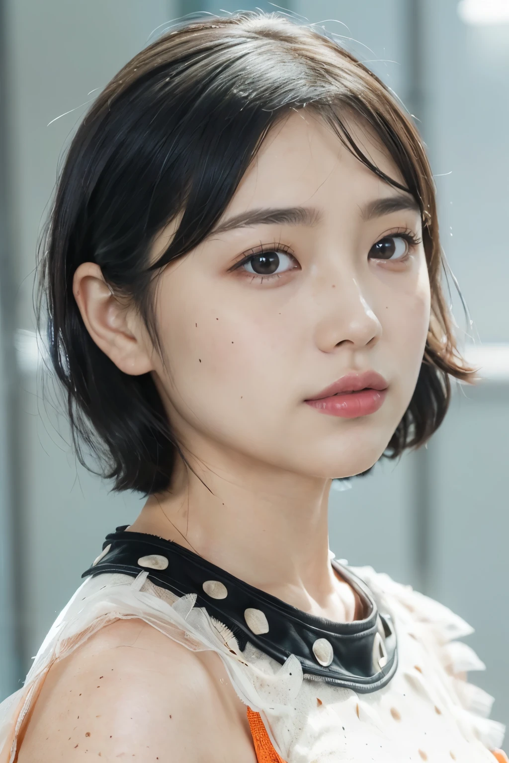 (photorealistic:1.2), 1 young female, (beautiful face:1.2), (頬にそ??す, freckle:1.8), (baby face, no makeup:1.3), break, (full body shot:1.5), break, indoor, classroom, (dynamic angle:1.1), from side, break, photo of young Japanese female, (14 years old:1.4), detailed pores and skin lines, break, happy, very fine eyes, break, (small breasts:0.5), black eyes, black hair, short cut hair, break, (eyes and faces with detailed:1.0), break, (masterpiece, best quality, ultra detailed, detailed face, 8k), (rim light:1.2), (looking back:1.4)