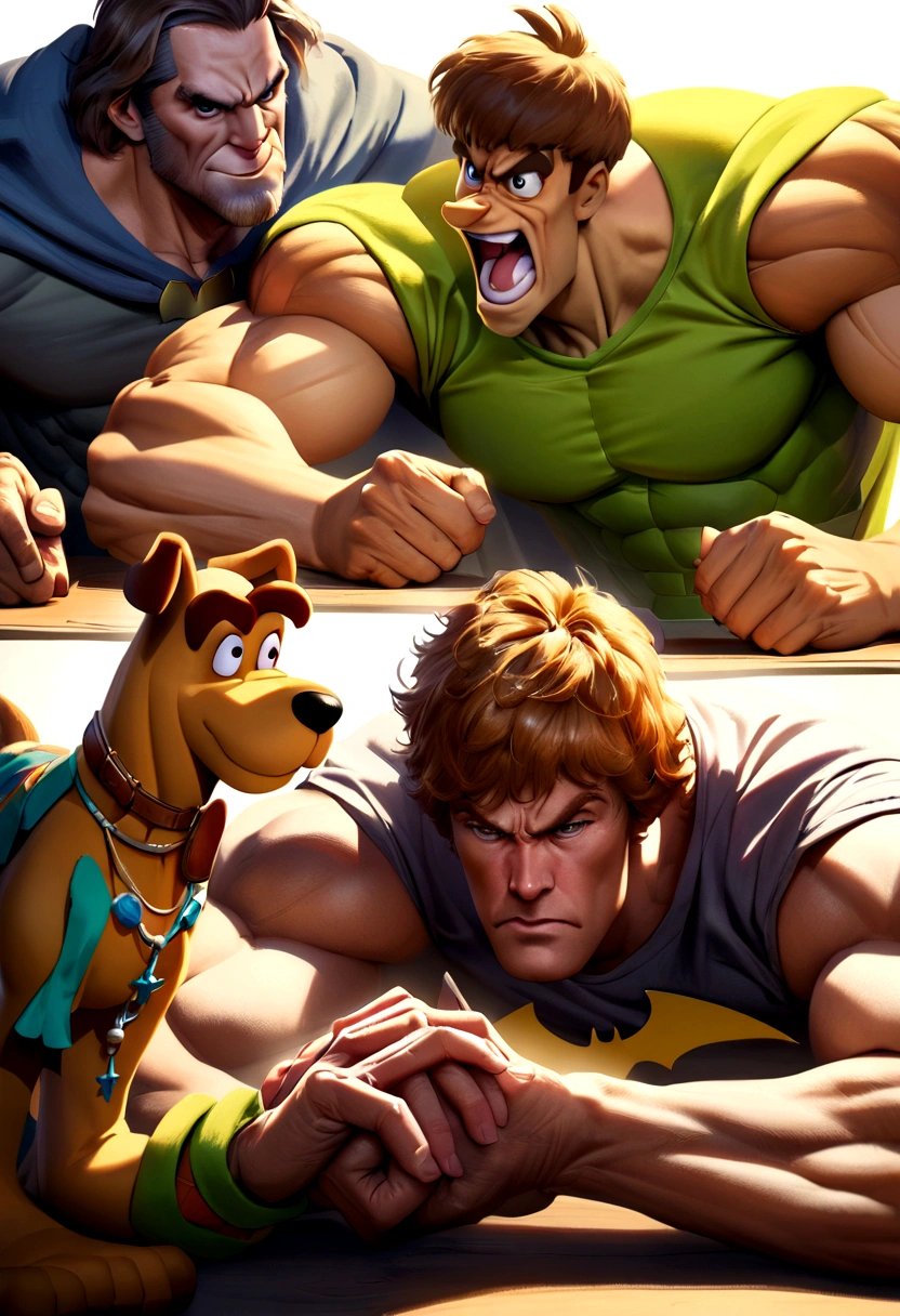 a perfect art of Batman arm wrestling with the character Shaggy from the cartoon Scooby Doo, Serious expressions, well defined muscles, realistic shadows, incredible details, perfect hands.