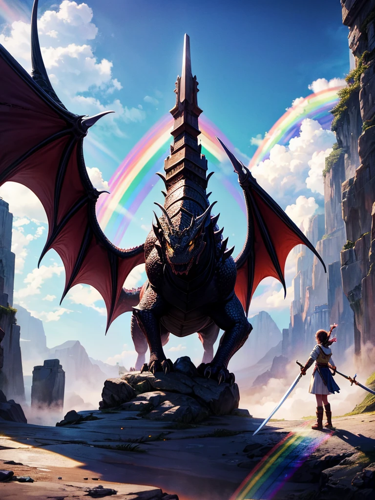 Highest quality,Highest Resolution,1People Girls,Fighting a big dragon,Holding a sword,Rainbow in the sky,Ancient City,Fantasy,