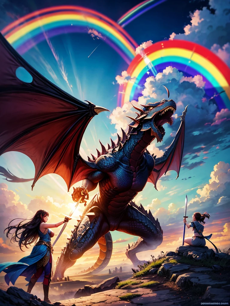 Highest quality,Highest Resolution,1People Girls,Fighting a big dragon,Holding a sword,Rainbow in the sky,Ancient City,Fantasy,