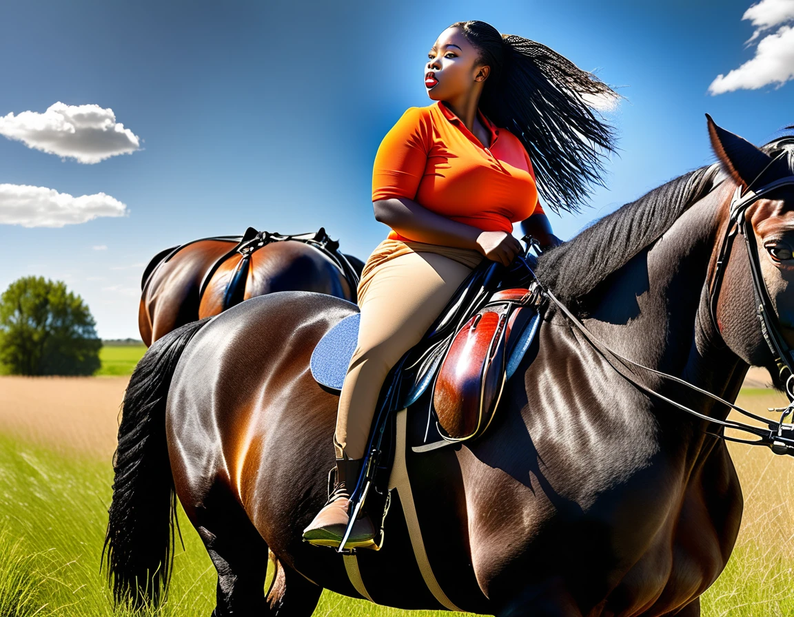 African woman (very full figured  black skinned ) nude.  riding big black shire horse. big bum. flat grass .a very full figured very black skinned nude African woman riding a big Belgian draft horse mare (side view). big bum. very short tail. horse facing horizon . flat grass meadow. steaming horse dung behind horse. cloudless blue sky., black hair, short ponytail, dilated pupils, smelling, open mouth, high detail, depth of field, UHD, masterpiece, anatomically correct, accurate, super detail, highres, 16k meadow.  cloudless blue sky. 