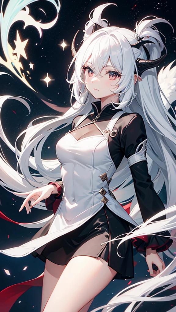 with a dragon appearance and black and half white hair, and star details
