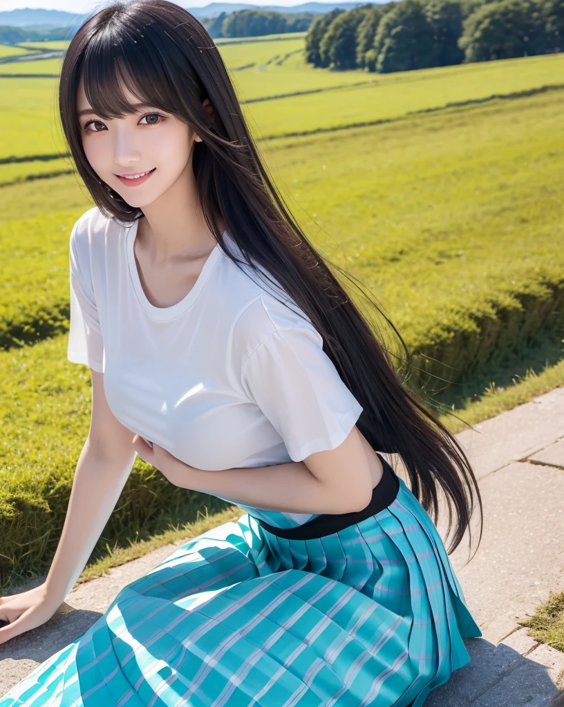 (Highest quality, 32k, High resolution, Masterpiece:1.5), marimo_jet, god々A photograph with brilliant dazzling and healing power., Evoking a sense of calm and elusive beauty, Expressing emotions, Have a rich imagination,Beautiful Japanese Girls, An exceptionally beautiful face, Small Face Beauty, Perfect Human ???????, Magical big eyes, Motherhood and generosity, Deep Love, fleeting smile, ((Shiny black hair:1.1)), Super Long Straight Silk Hair, Asymmetrical bangs, Hair between the eyes, Transparent, soft white skin, Sharp eyebrows, Thin lashes, Natural Makeup, Cheek highlighter, Pale pink detailed lips, ((Turquoise Shirt:1.1)), ((Plain white t-shirt:1.2)), ((Red and black checked pleated skirt:1.2)), High resolutionの完璧な鎖骨, High resolutionの美しい胸元, Slim figure with ample ???????, High resolutionの美しい太もも, Beautiful legs, ((On the hill in spring:1.3)), ((A rural landscape below the hills:1.4)), Sitting on a green meadow, ((Absolute area:1.6)), Dazzling sunlight, blue sky, White cloud, Professional Lighting, Professional photographer, Professional models, god秘的