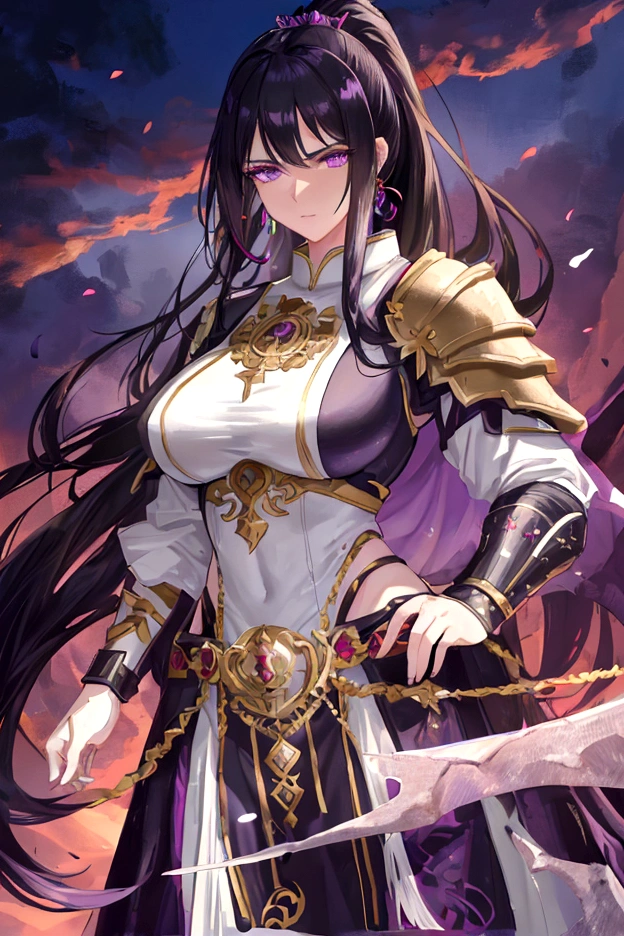An adult tall woman, a war goddess, black hair with gray streaks, high ponytail, purple eyes, dragon horns and tail, divine light, muscular physique, open white divine clothes, indifferent gaze, armor elements, lipstick
