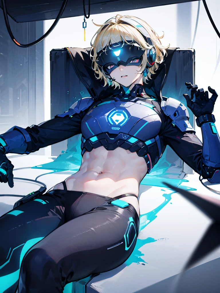  blue eyes and blonde short messy hair and is a handsome teenage boy turned into a cyborg in a futuristic lab wearing a futuristic headset in cyborg crop top armor with mind control device installed on head, futuristic visor, lying his back on top of a futuristic table with mindcontrol device connected to futuristic technology