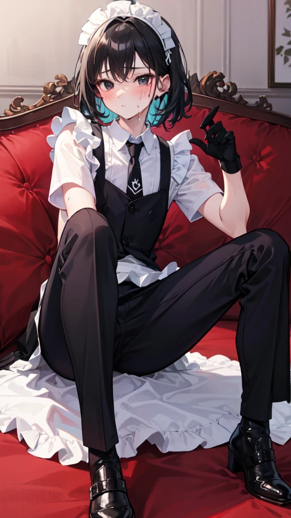 18-year-old boy，cute，Wear the maid outfit and a black work tie，Wear black pants，Wear black booties，Wear black gloves，Black hair，Black eyes，blush，sweat，porn pose