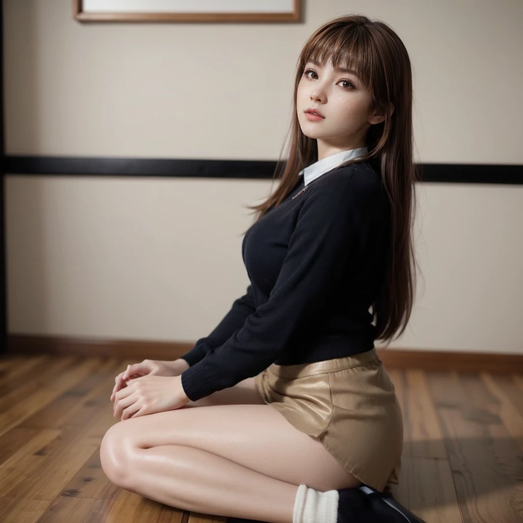 Kasumi, brown eyes, (best quality, ultra-detailed), (realistic:1.37), beautiful and detailed face, ultra-realistic texture, delicate face, delicate body, red lipstick, bright colors. High definition, 8K.