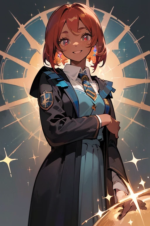 ((, Masterpiece: 1.5, best quality, high resolution: 1.3, super resolution, super detailed, ultra detailed: 1.3, Perfect Anatomy:1.5, 1 woman ) dark skin + strawberry hair + dark eyes + long eyelashes + female figure + freckled cheeks (hogwarts uniform, ravenclaw colors) ((adorable open eyes, friendly cute expression, sparkle in eyes))
