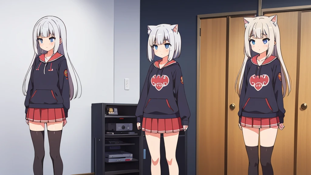 Girl long white hair blue eyes blush on face in PC gaming room Short pleated skirt long stockings cat hoodie black  great quality 8k very detailed image perfect anatomy full body 