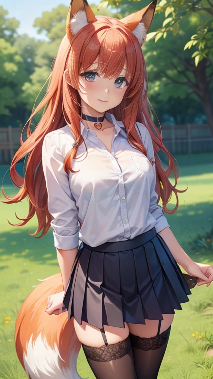 1girl, solo, highly detailed, best quality, illustration, game cg, perfect anatomy, beautiful cute face girl, redhead, beautiful detailed eyes, choker, school field, standing, natural lighting, white shirt, black pleated skirt, thigh highs, fox ears, (fox tail), glossy lips, medium breasts, aichan, latifa fleuranza