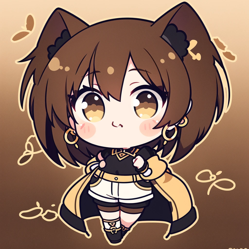 (((chibi))) 1girl, eyes browns, (Short brown hair), (Short brown hair cacheado), black jersey, shorts curto, gold hoop earrings, lineart, best qualityer, best details, better art, best colors, Full HD, work of art, illustration