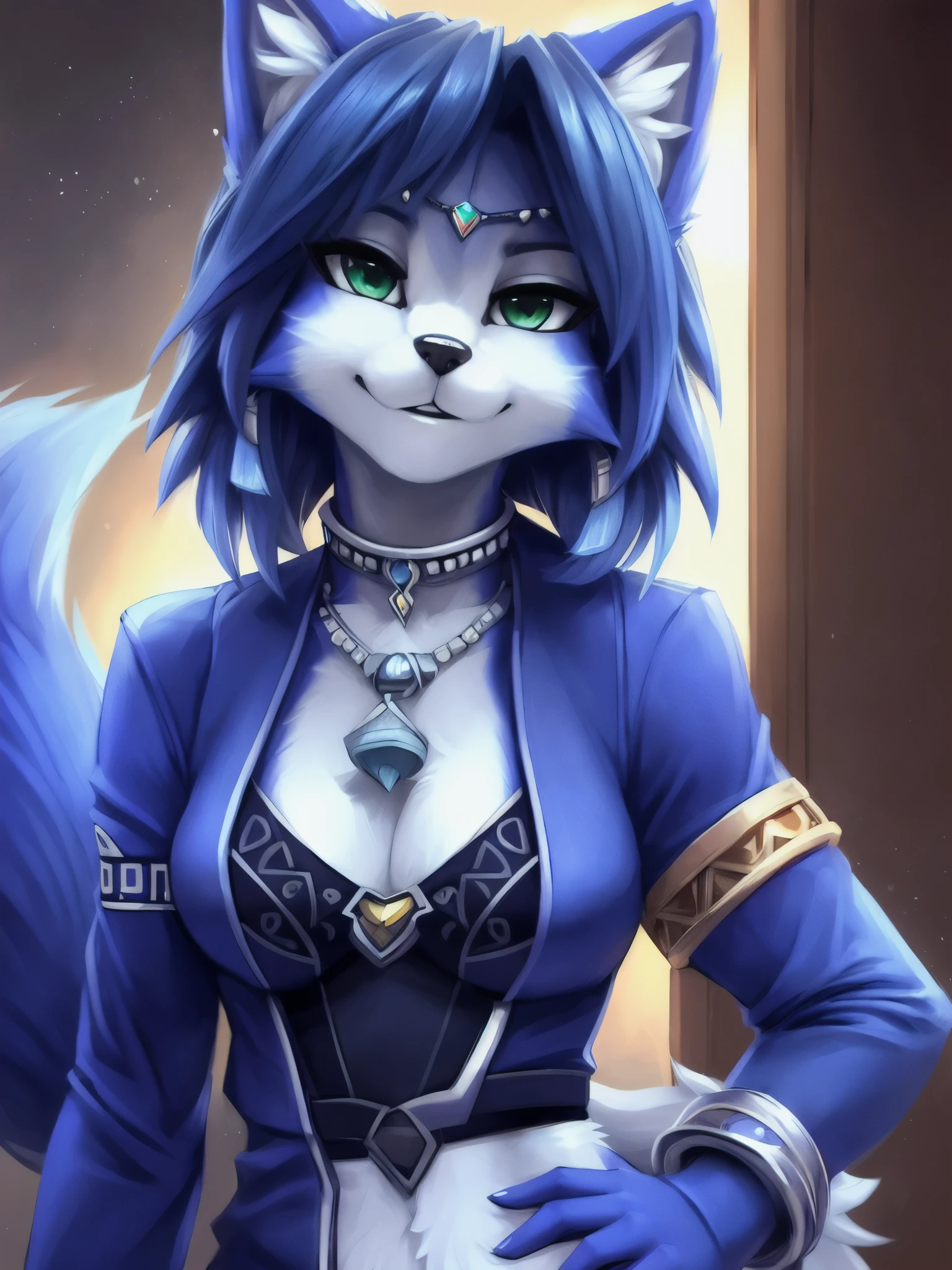 A beautiful and detailed (sweet portrait) wa ((Krystal)), Star Fox Krystal, sslim, lovable, green eyes, medium breasts, (((Long blue hair 1.3))), Decollete, anthro, furry, Uploaded E621, detailed fluffy fur, (wa Fluff-Kevlar, Bayard Wu, personalize me, Pino Daeni), detailed face, (fluffy), 1 girl,  alone, 