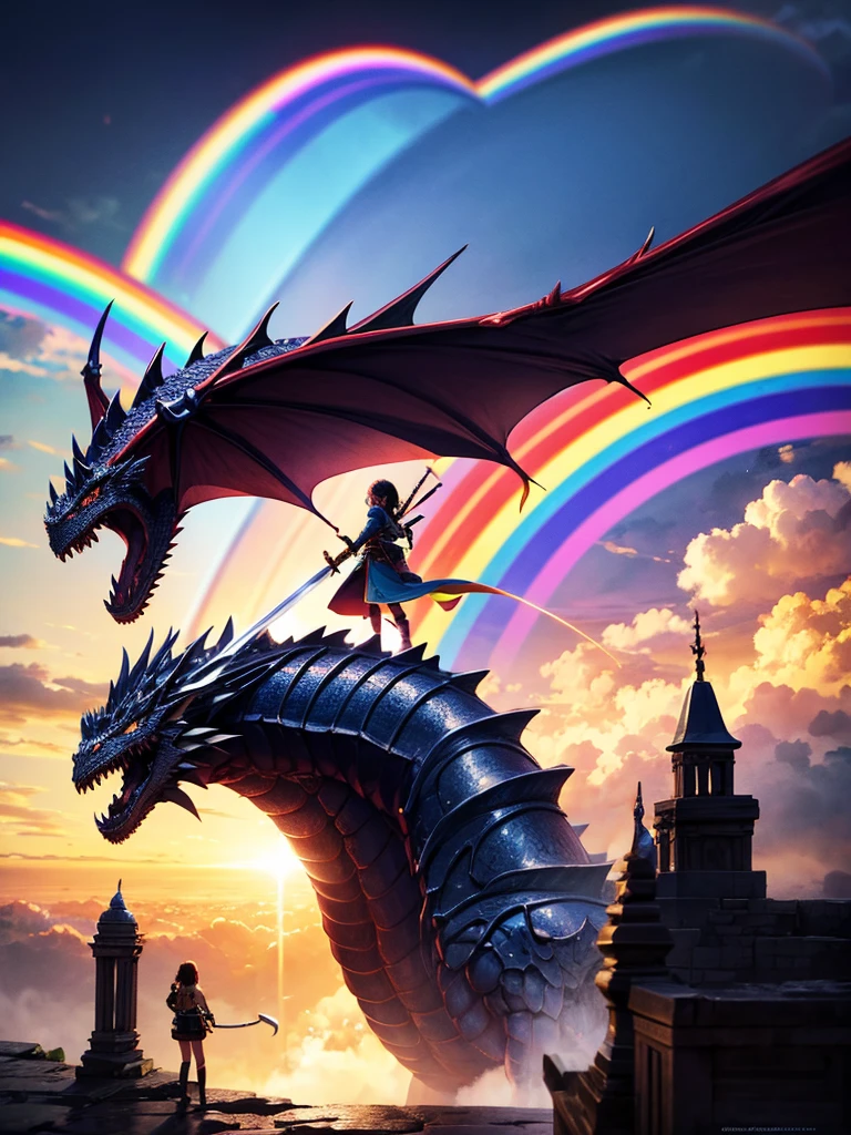 Highest quality,Highest Resolution,1People Girls,Fighting a big dragon,Holding a sword,In the sky1rainbow,Ancient City,Fantasy,