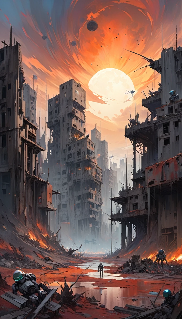 grand scape, dead world theme, polluted world, destroyed minimalist city with unfinished building structures, without vegetation, No Water, dark world, spectacular sky from another world, humanoid robots and drones roaming the environment. oil painting)