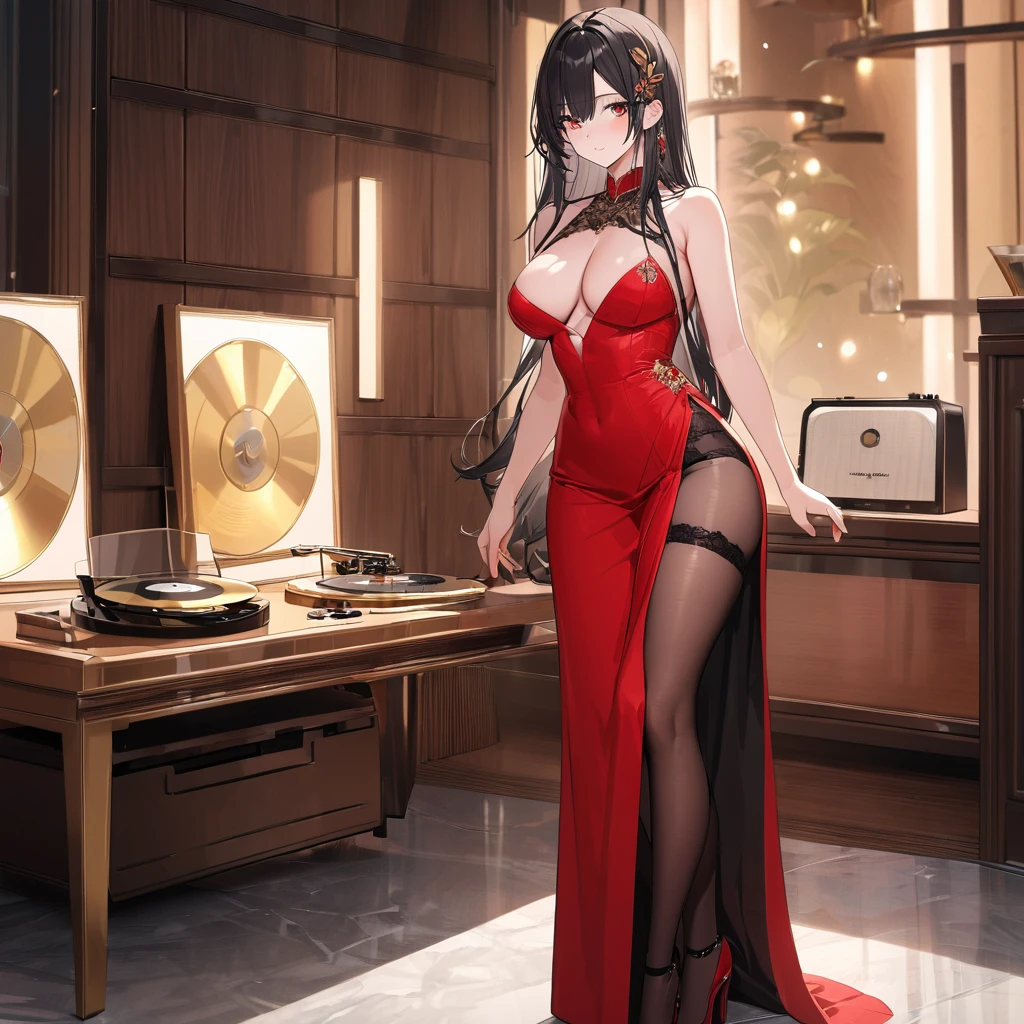 A woman wearing a red dress with a long skirt, exposed thigh, long transparent brown stockings, red heels, exposed shoulder, large breasts, exposed chest, black hair, long hair, red eyes, red band around the neck, golden barrette in her hair shaped like a olive leaf, standing postured, in a luxury room with gray marble floor, luxury wooden wall, large luxury glass windows, next to a table with a golden record player, UHD, prime work, accurate, anatomically correct, textured skin, super details, high quality, best quality, 8k, high resolution, bokeh effect. (woman alone), close view.