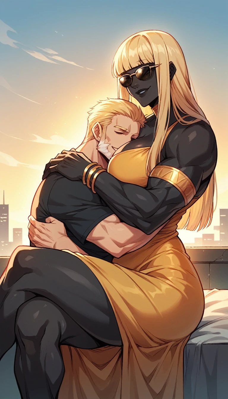 1 woman, black buff strong woman character, muscle arms, muscle body, buff body, tall woman, black skin, full black skin, strong arms, long fringe hair, blonde hair, blonde fringe hair, fringe hair, scales in body, black lips, milf, black and golden dress, golden details, golden bracelets, smile, sit, crossed legs, morning, city, golden chocker, hug, 1 man, a mature man, white sking, white long hair, white beard, robotic arms, black shirt, sunglasses