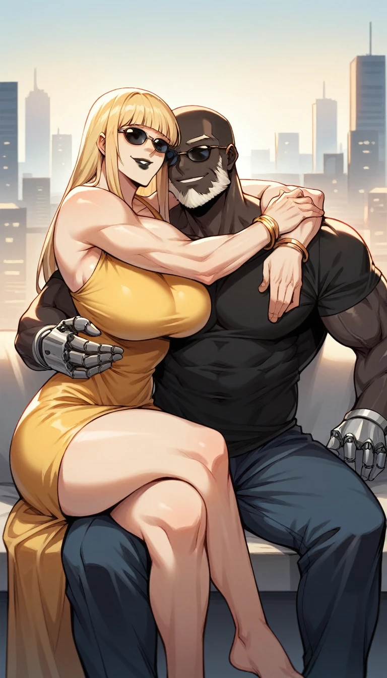 1 woman, black buff strong woman character, muscle arms, muscle body, buff body, tall woman, black skin, full black skin, strong arms, long fringe hair, blonde hair, blonde fringe hair, fringe hair, scales in body, black lips, milf, black and golden dress, golden details, golden bracelets, smile, sit, crossed legs, morning, city, golden chocker, hug, 1 man, a mature man, white sking, white long hair, white beard, robotic arms, black shirt, sunglasses