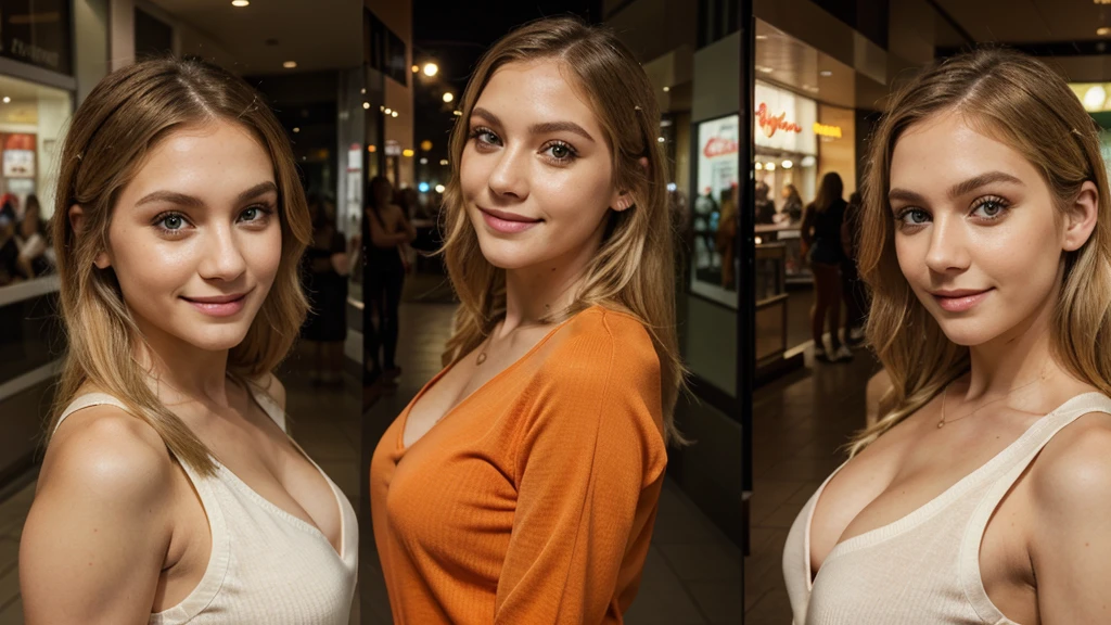 Lily Bowman), posing, modeling, with orange casual outfit design, full body, mall, in the night, sexy smile, best quality, blur night background with Green Eyes, , Ultra Realistic, Meticulously Detailed, Portrait, Blonde Hair and Big Eyes, Selfie of a Young Woman, Green Eyes, No Makeup, Natural Makeup, Looking Directly at the Camera, face artgram, subtle make-up, Impressive photo, stand, with sexy smile, Medium and large size chest, allowing the face to be seen clearly, mall, night.