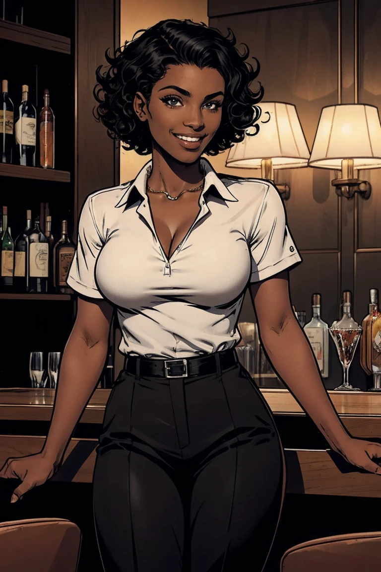Cardinal, a gorgeous bartender woman with (dark skin, short curly black hair) wearing a black polo, tight slacks. Athletic, wide hips. Short curly black hair, mixing a drink. Smiling. Confident. At a high-end bar, luxury hotel. cleavage.