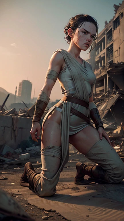 Daisy Ridley face, masterpiece 1.3, Ultrarealistic face, slim athletic physique, small flat breasts, round ass, "Kneeling in the rubble of a destroyed building, Rey's shoulders slump in defeat. Blood trickles from a cut on her forehead, and her clothes are torn and dirty, reflecting the intensity of her recent fight.", sweaty body glistening skin, dirt covered around her body, shameful expression tears in her eyes 