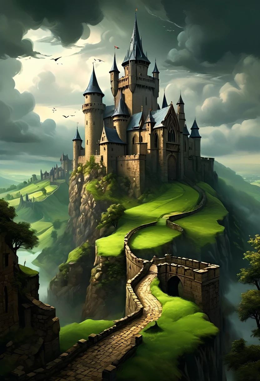 1 medieval fantasy scene, detailed medieval castle, gothic architecture, dramatic lighting, moody atmosphere, overcast sky, rolling hills, lush green meadows, stone bridges, cobblestone streets, ornate iron gates, wooden watchtowers, (best quality,4k,8k,highres,masterpiece:1.2),ultra-detailed,(realistic,photorealistic,photo-realistic:1.37),intricate textures, rich color palette, dramatic chiaroscuro, cinematic composition, grand scale, 15th century, historical accuracy
