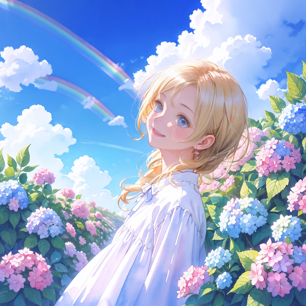 Highest quality,masterpiece,Watercolor style,Girl,Blonde,blue eyes,White dress,Red Ribbon Hydrangea,after the rain,rainbow,Looking up at the sky,smile,light spreads