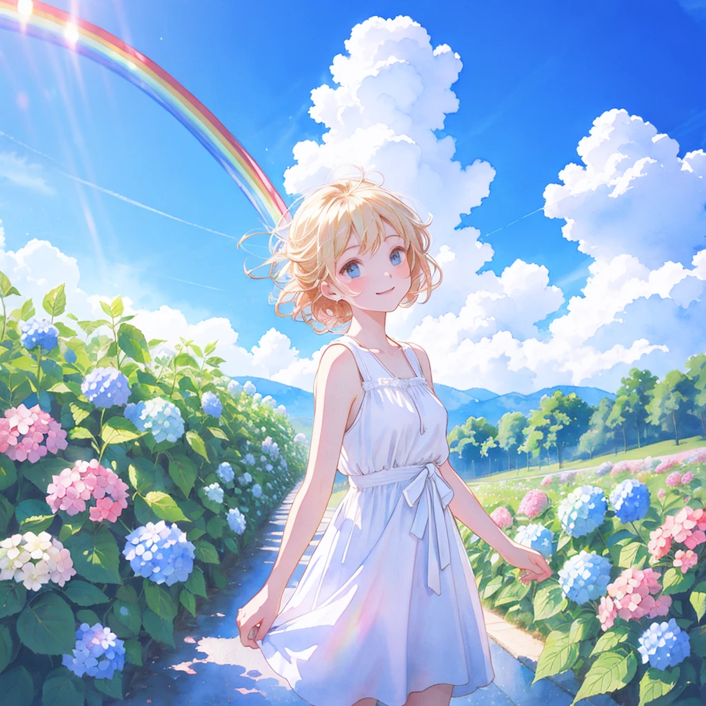 Highest quality,masterpiece,Watercolor style,Girl,Blonde,blue eyes,White dress,Red Ribbon Hydrangea,after the rain,rainbow,Looking up at the sky,smile,light spreads