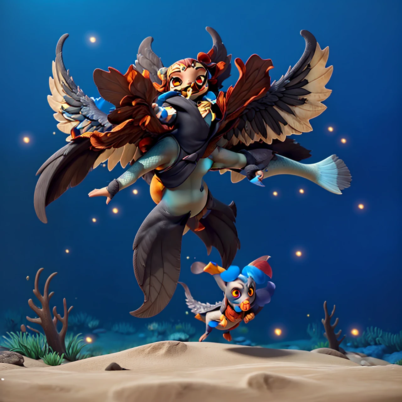 dark angel wings, dark grey skin, flying, cloak with stars, underwater, scalie