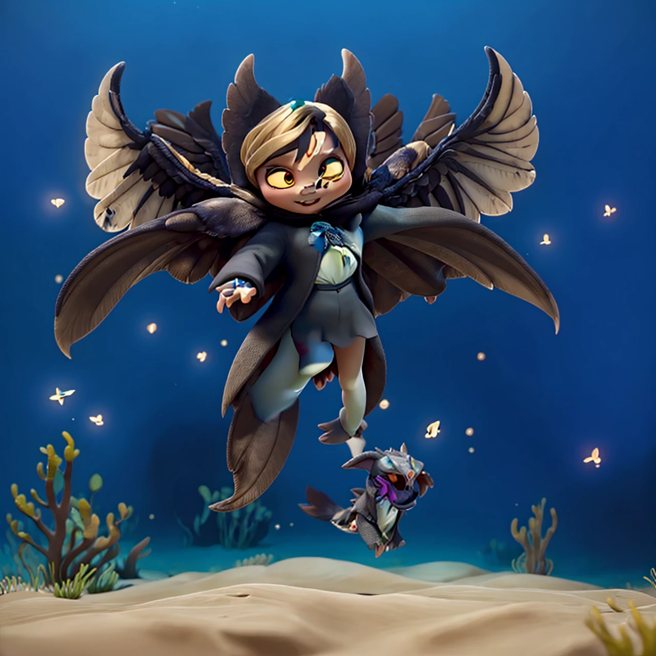 dark angel wings, dark grey skin, flying, cloak with stars, underwater, scalie