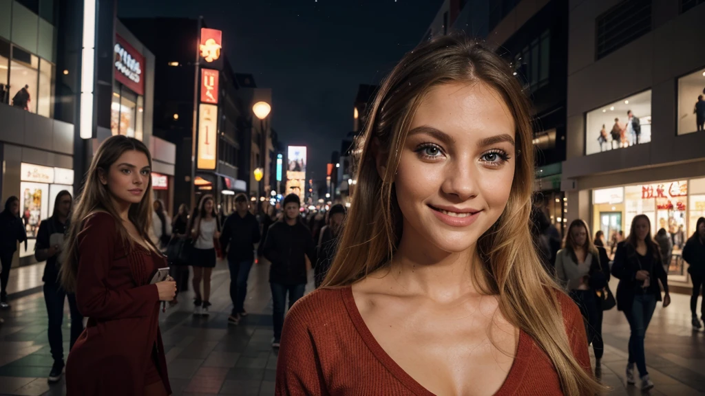 Lily Bowman), posing, modeling, with red casual outfit design, full body, mall, in the night, sexy smile, best quality, blur night background with Green Eyes, , Ultra Realistic, Meticulously Detailed, Portrait, Blonde Hair and Big Eyes, Selfie of a Young Woman, Green Eyes, No Makeup, Natural Makeup, Looking Directly at the Camera, face artgram, subtle make-up, Impressive photo, stand, with sexy smile, Medium and large size chest, allowing the face to be seen clearly, mall, night.