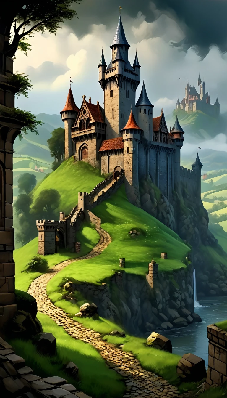 1 medieval fantasy scene, detailed medieval castle, gothic architecture, dramatic lighting, moody atmosphere, overcast sky, rolling hills, lush green meadows, stone bridges, cobblestone streets, ornate iron gates, wooden watchtowers, (best quality,4k,8k,highres,masterpiece:1.2),ultra-detailed,(realistic,photorealistic,photo-realistic:1.37),intricate textures, rich color palette, dramatic chiaroscuro, cinematic composition, grand scale, 15th century, historical accuracy
