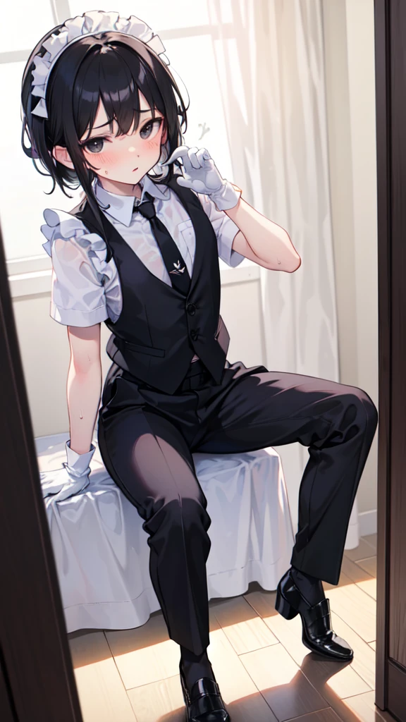 18-year-old boy,cute,Wear the maid outfit and a black work tie,Wear black pants,Wear black booties,Wear white gloves,Black hair,Black eyes,blush,sweat,porn pose