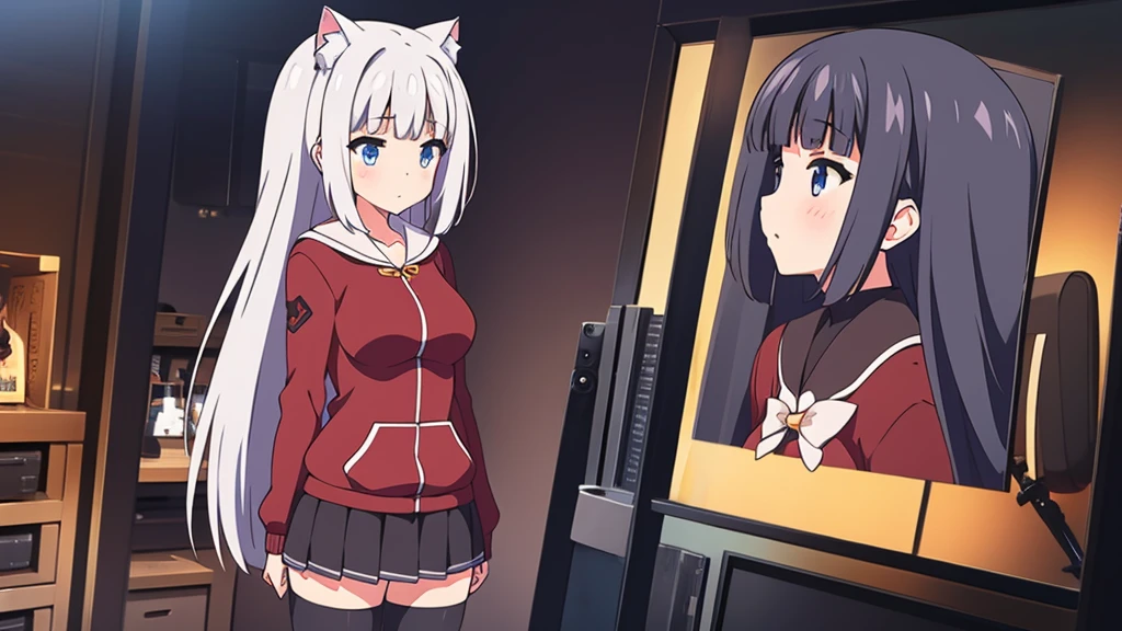 Girl long white hair blue eyes blush on face in PC gaming room Short pleated skirt long stockings cat hoodie black  great quality 8k very detailed image perfect anatomy full body 