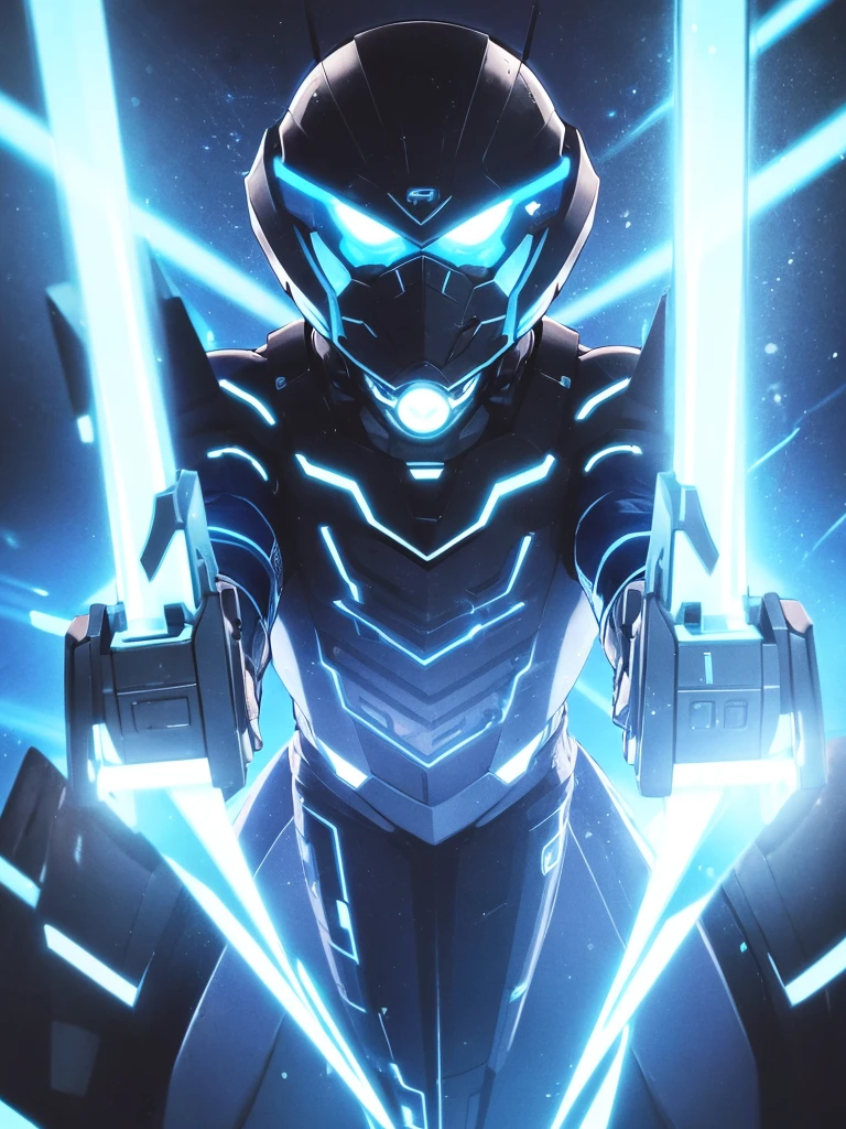 Man with Futuristic style marked face with dark blue neon lights on a dark background and with a lethal firearm with determined expression