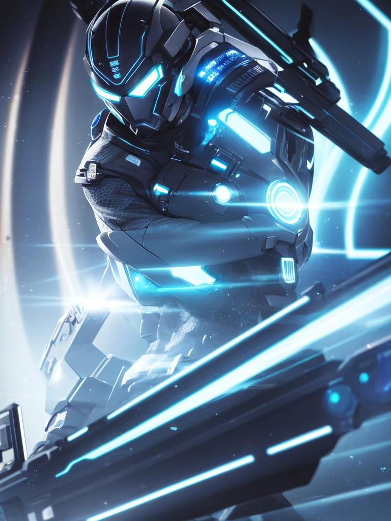 Man with Futuristic style marked face with dark blue neon lights on a dark background and with a lethal firearm with determined expression