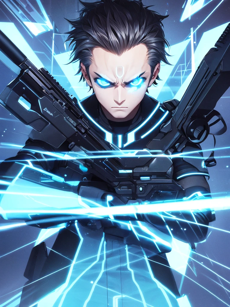 Man with Futuristic style marked face with dark blue neon lights on a dark background and with a lethal firearm with determined expression
