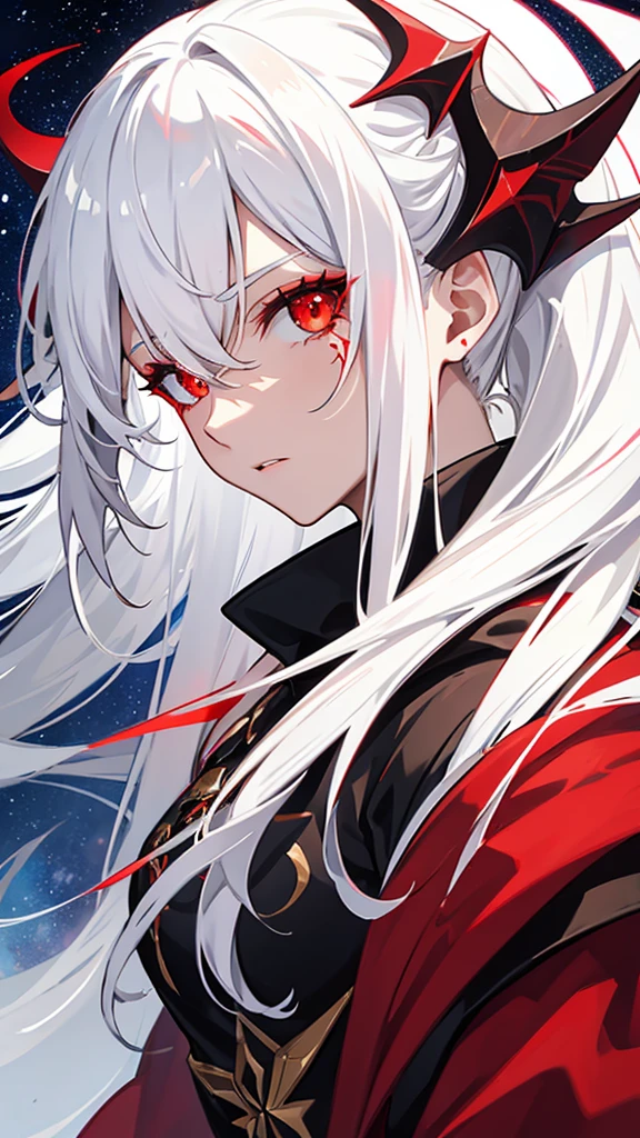 dragon-like and white hair, and star details, Red eye