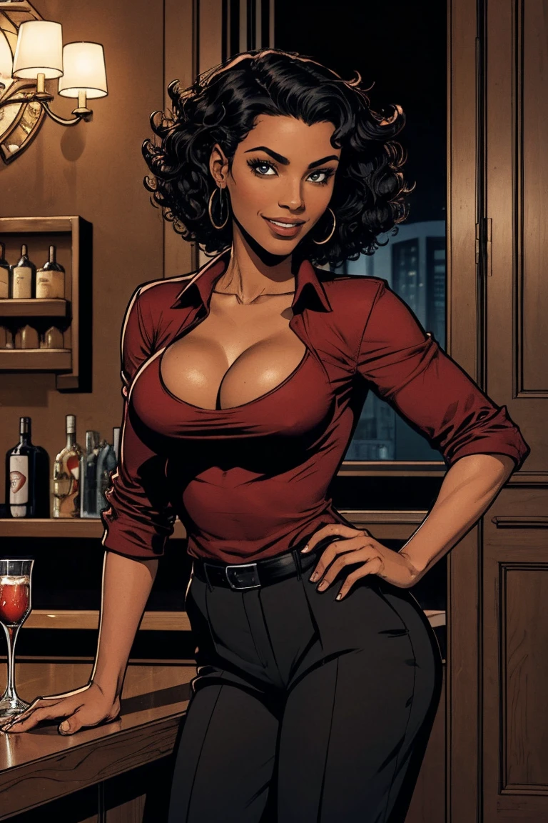Cardinal, a gorgeous bartender woman with (dark skin, short curly black hair) wearing a black polo, tight slacks. Athletic, wide hips. Short curly black hair, mixing a drink. Smiling. Confident. At a high-end bar, luxury hotel. cleavage.