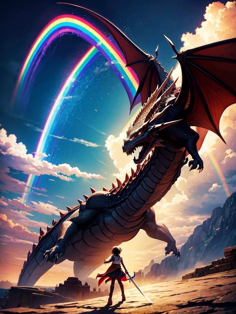 Highest quality,Highest Resolution,1People Girls,Fighting a big dragon,Holding a sword,In the sky1rainbow,Ancient City,Fantasy,