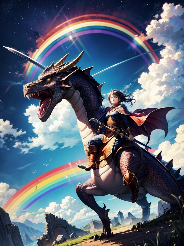 Highest quality,Highest Resolution,1People Girls,Fighting a big dragon,Holding a sword,In the sky1rainbow,Ancient City,Fantasy,