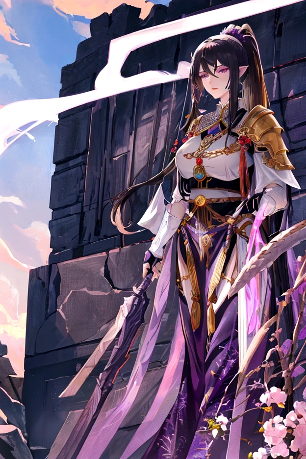 An adult tall woman, a war goddess, black hair with gray streaks, high ponytail, purple eyes, dragon horns and tail, divine light, muscular physique, open white divine clothes, indifferent gaze, armor elements, lipstick