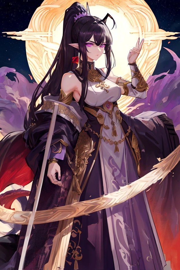An adult tall woman, a war goddess, black hair with gray streaks, high ponytail, purple eyes, dragon horns and tail, divine light, muscular physique, open white divine clothes, indifferent gaze, armor elements, lipstick