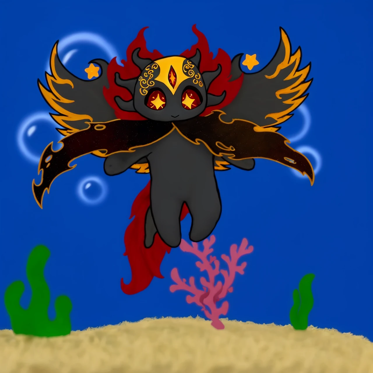 dark angel wings, dark grey skin, flying, cloak with stars, underwater, scalie