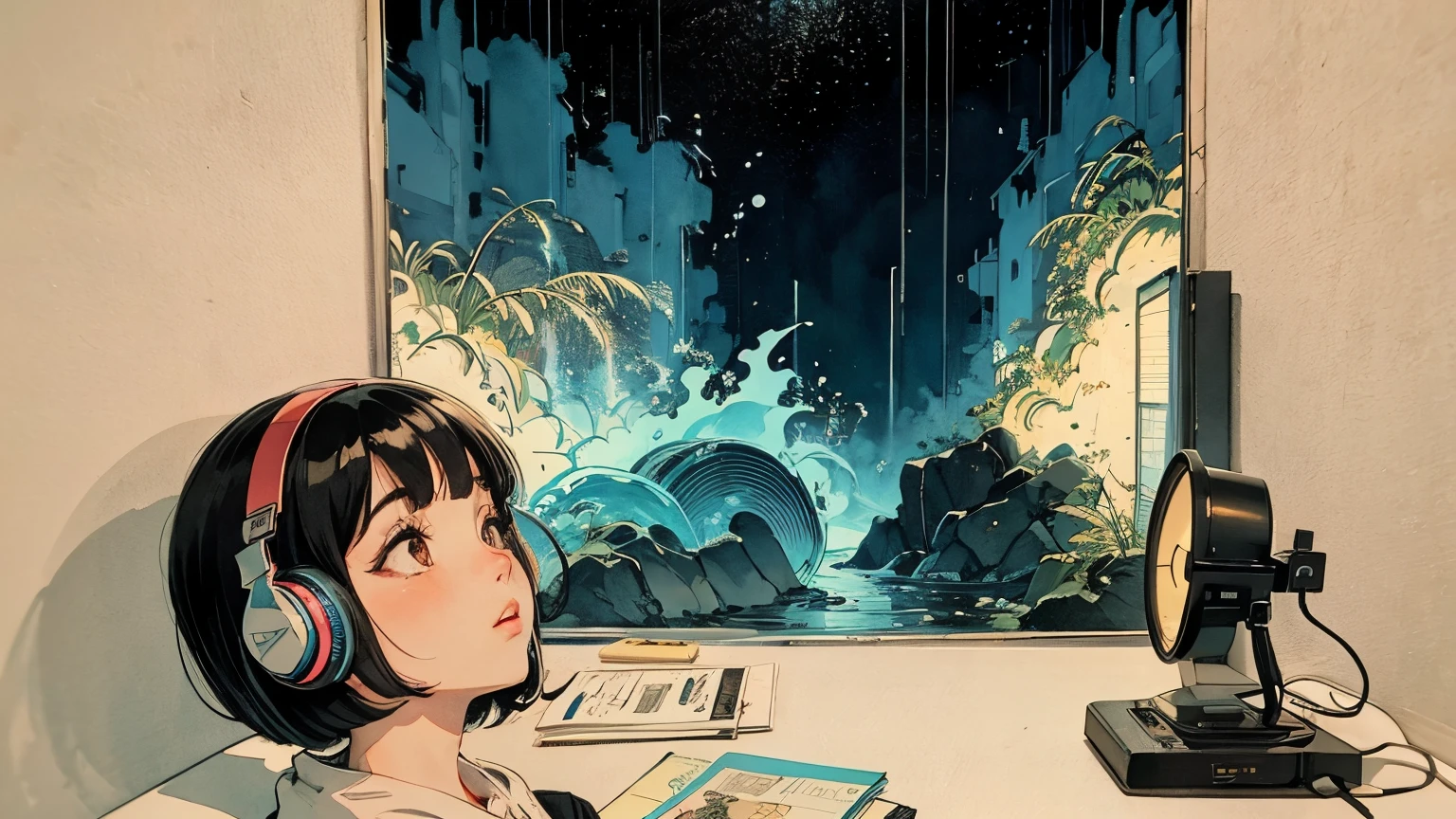 A very detailed beautiful woman, Perfect face,Black Hair, bob cut,Bangs, Gray eyes, Super detailed, Retro Wave , Wearing headphones, Studying in the room, Neon scenery on rainy day,Simulate color themes, Lo-fi hip-hop , Retrospective, flat, 2.5 days ,draw a line, digital ink painting, The slope is great, watercolor, Gush Nucleus, Studio Ghibli style, amazing colors, Appearance tons, Synthwave, Luo Fei Art,90s style,Ancient textures, amplitude,90s vibe, On the table, Amazing technology, 16:Scale 9