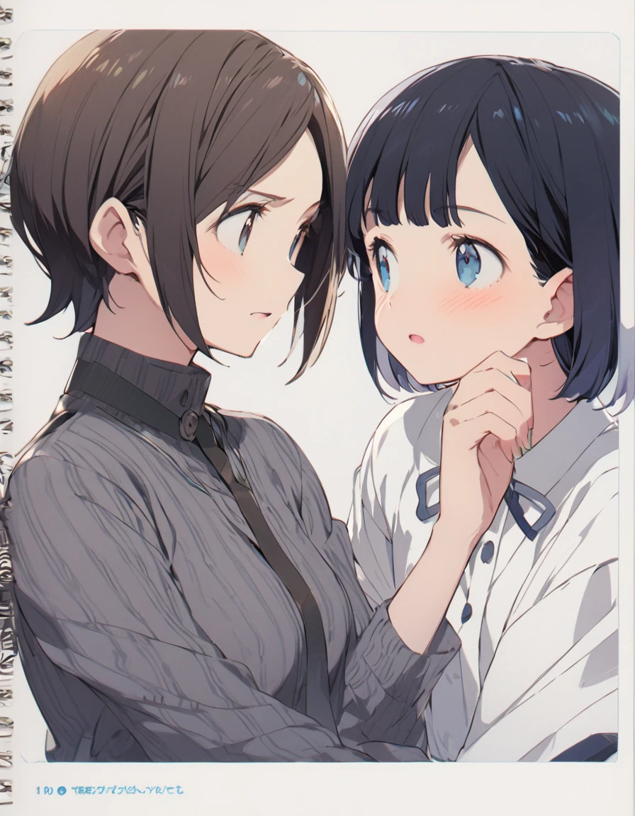 Two short-haired girls are having a conversation