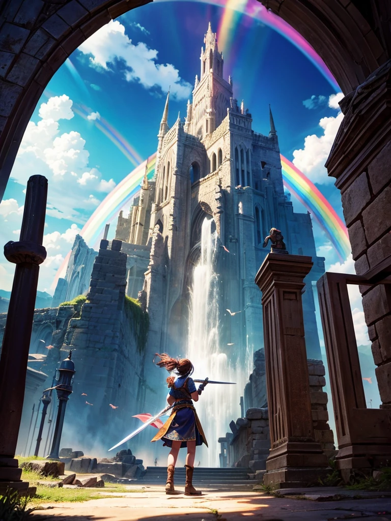 Highest quality,Highest Resolution,1People Girls,Fighting a big dragon,Holding a sword,In the sky1rainbow,Ancient City,Fantasy,